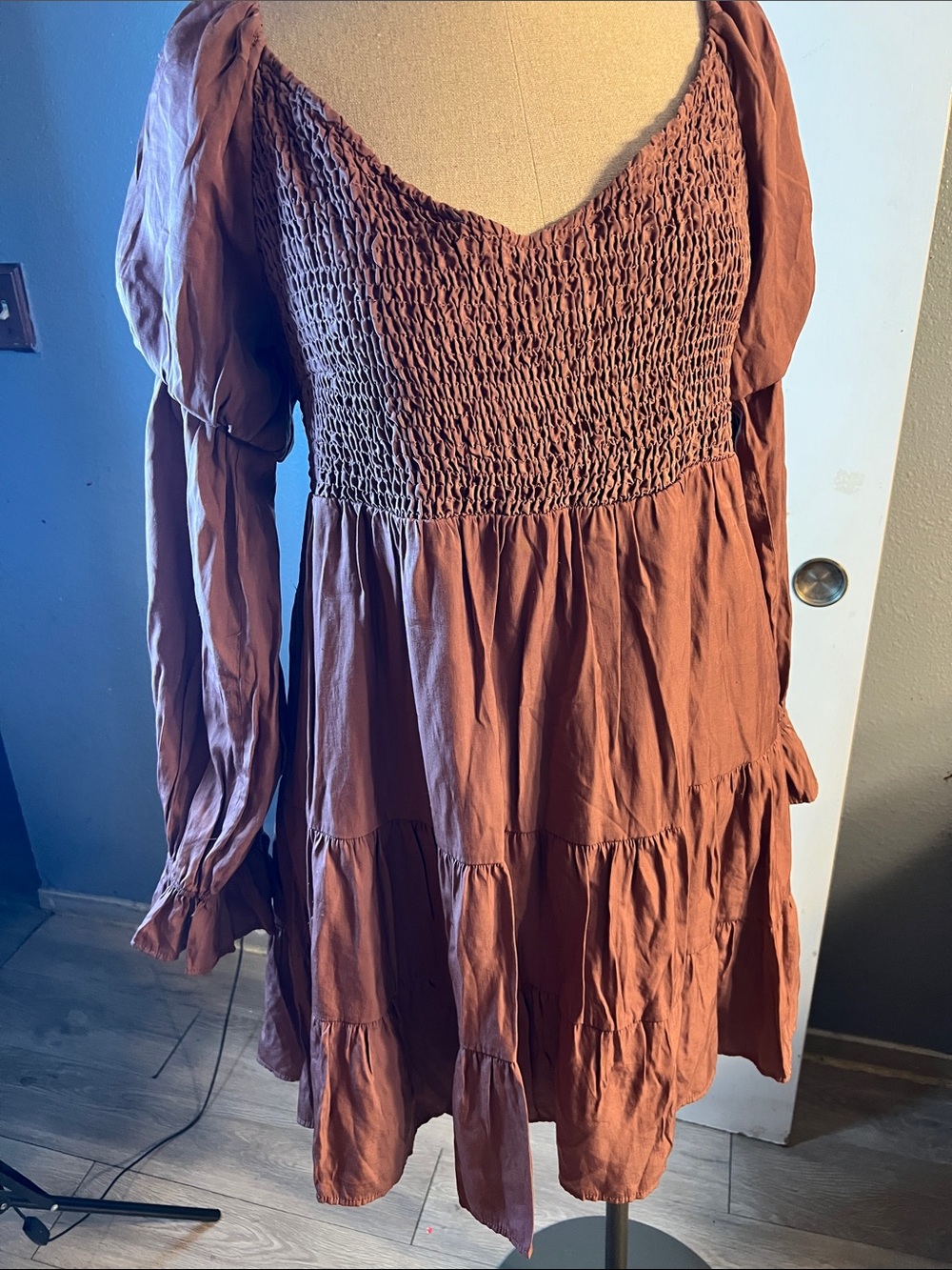 Smocked Rust Tiered Long Sleeve Dress